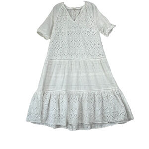 Reba Dress Womens L White Eyelet Paradise V-Neck Ruffle Midi Cotton Unlined